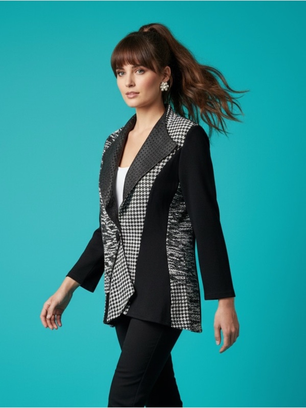 Minkas Black White Mixed Media Print Snap Front Blazer Jacket Size S